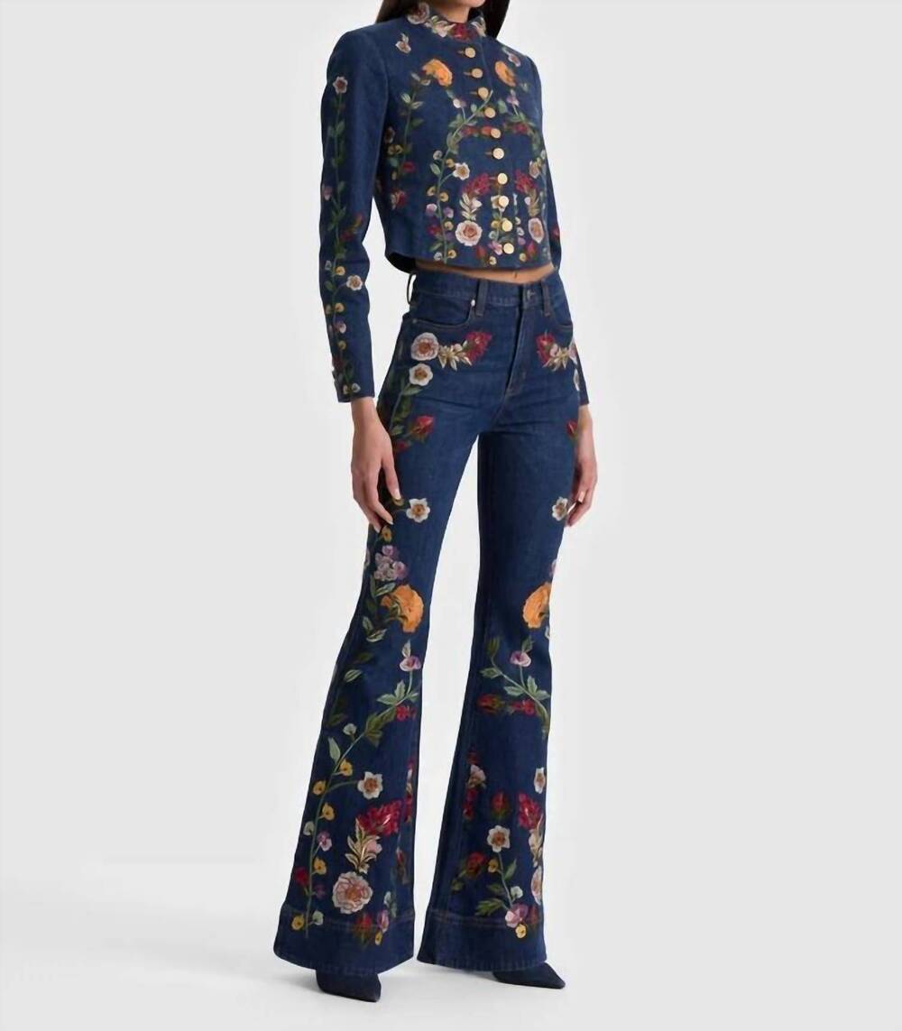 NEW ALICE + OLIVIA women's beautiful embroidered jean in catherine dark multi